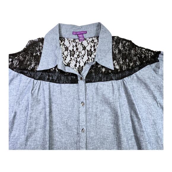 Beverly Drive Chambray & Lace Blouse Tunic 3/4 Roll Tab Plus 20-22W Blue Black - Picture 5 of 12